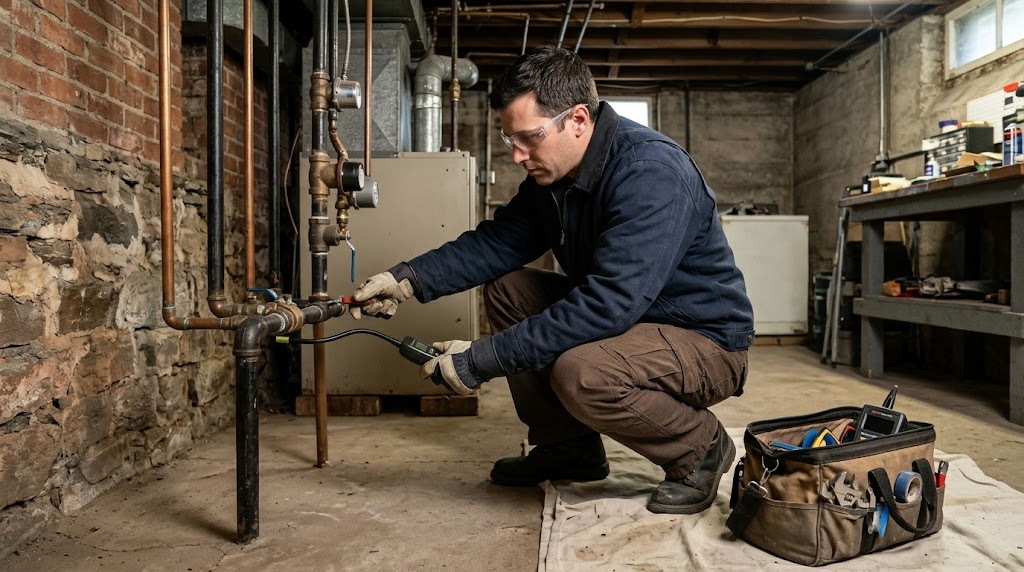 Certified technician performing precision electronic gas leak detection along cellar manifold piping in Brooklyn Heights