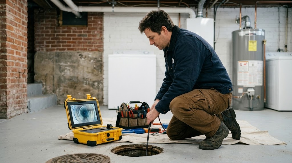 High-definition sewer video camera monitor displaying underground pipe condition in Brooklyn Heights