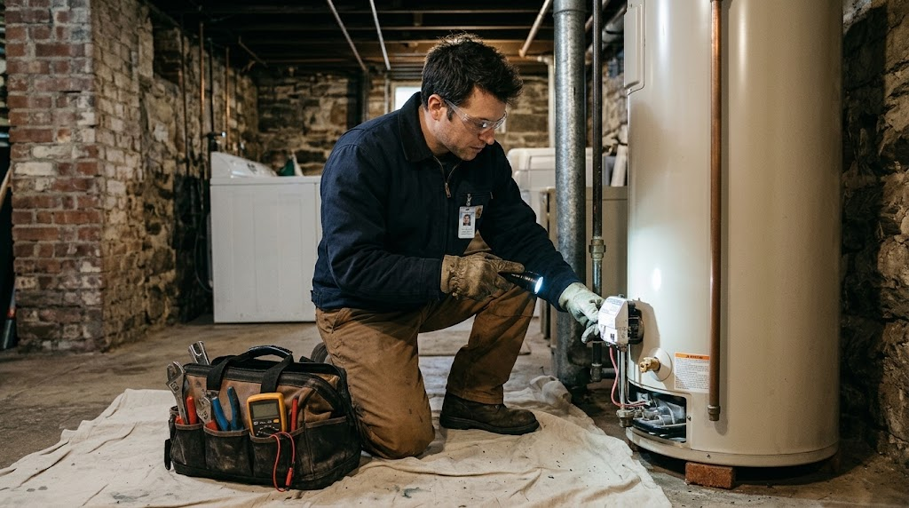 Professional servicing domestic water heater gas valve and relief line in Brooklyn Heights